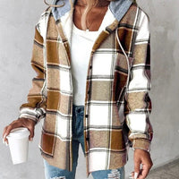 Ancient Energy women's plaid hooded jacket with button pockets, casual style for autumn and winter, suitable for trendy outdoor wear.
