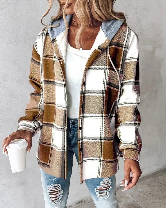 Ancient Energy women's plaid hooded jacket with button pockets, casual style for autumn and winter, suitable for trendy outdoor wear.