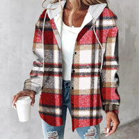 Ancient Energy plaid hooded jacket with buttons and pockets, casual women’s coat for autumn and winter, stylish and warm.
