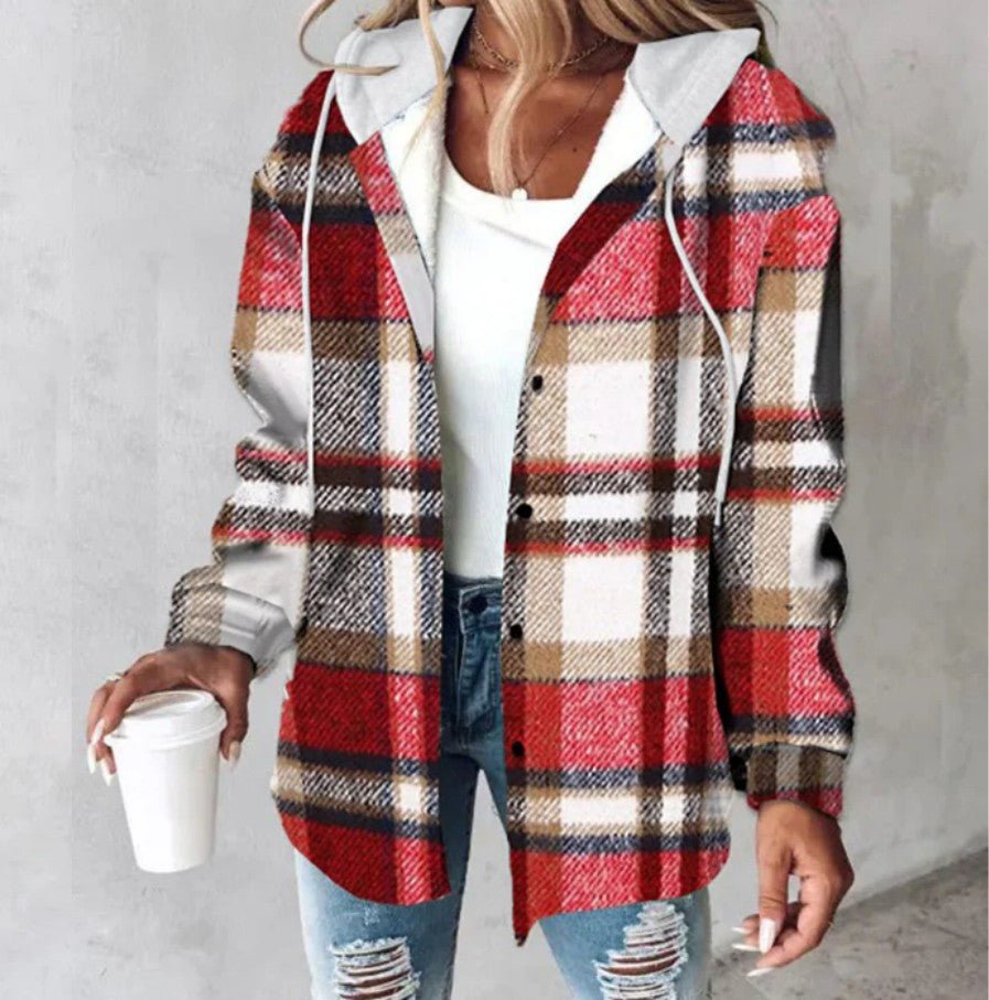 Ancient Energy plaid hooded jacket with buttons and pockets, casual women’s coat for autumn and winter, stylish and warm.