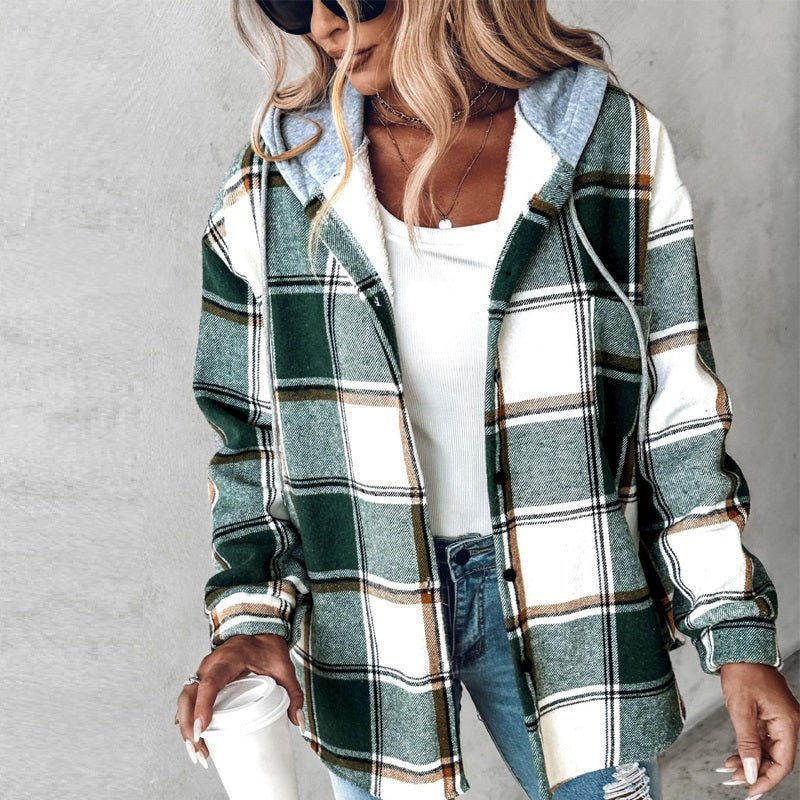 Ancient Energy women's plaid hooded jacket with casual style, button pockets, suitable for autumn and winter.