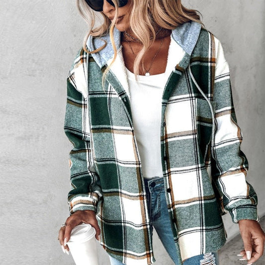 Ancient Energy women's plaid hooded jacket with casual style, button pockets, suitable for autumn and winter.