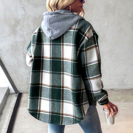 Ancient Energy plaid hooded jacket for women with casual style, button pockets, perfect for autumn and winter.