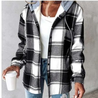 Ancient Energy women's plaid hooded jacket with button pockets, casual style for autumn and winter, suitable for everyday wear.