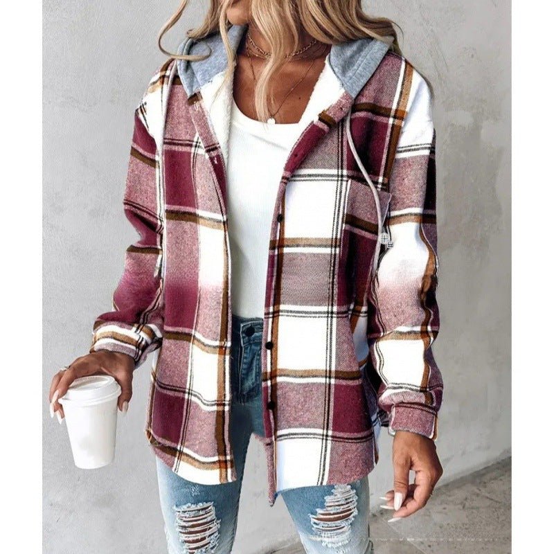 Ancient Energy women's plaid hooded jacket with button pockets, casual autumn and winter coat, stylish and warm outerwear.
