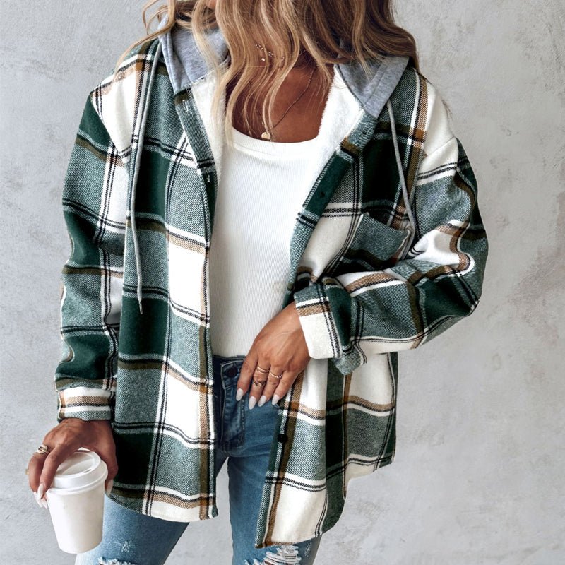 Ancient Energy women's plaid hooded jacket with button closure and front pockets, perfect for casual autumn and winter wear.