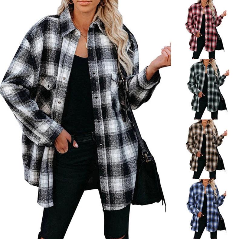Women’s plaid shirt by Ancient Energy featuring a spring mid-length loose blouse with turndown collar and casual style.