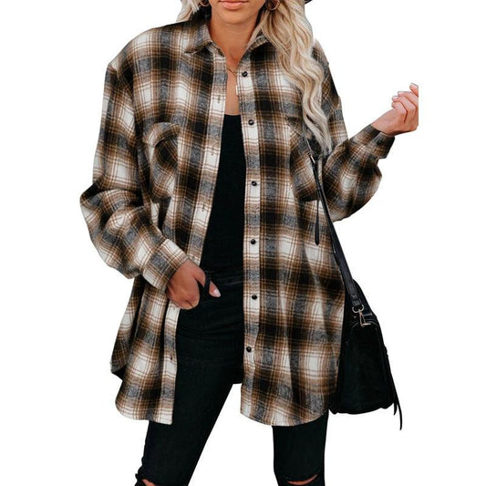 Ancient Energy women's plaid spring blouse with turndown collar, mid-length loose fit, casual shirt for spring fashion.