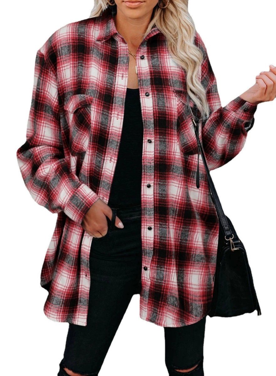 Ancient Energy women's plaid spring blouse with turndown collar, mid-length loose fit, perfect for casual spring wear.