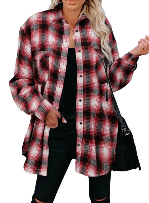 Ancient Energy women's plaid spring blouse with turndown collar, mid-length loose fit, perfect for casual spring wear.