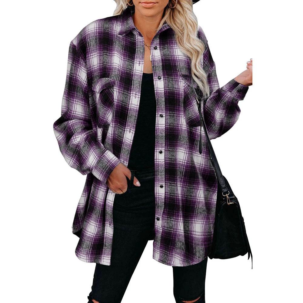 Ancient Energy women's plaid spring shirt with turndown collar, loose fit, mid-length blouse, perfect for casual spring wear.