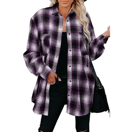 Ancient Energy women's plaid spring shirt with turndown collar, loose fit, mid-length blouse, perfect for casual spring wear.