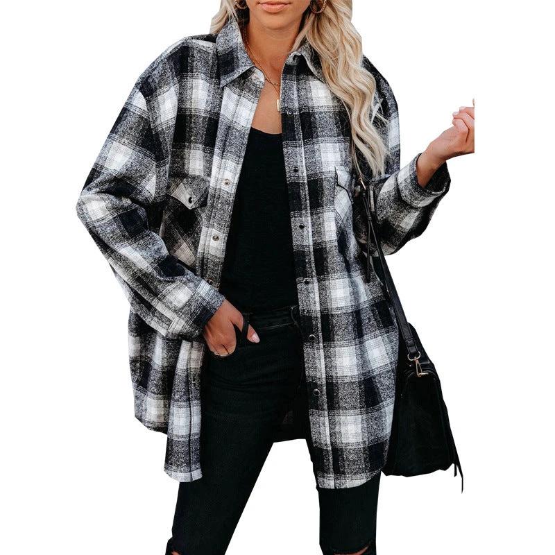 Ancient Energy women's plaid shirt, spring mid-length loose blouse with turndown collar and casual style.