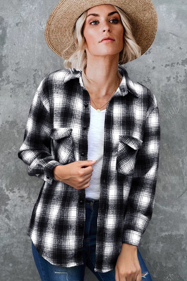 Ancient Energy women's plaid spring shirt, mid-length loose blouse with turndown collar, casual and stylish for everyday wear.