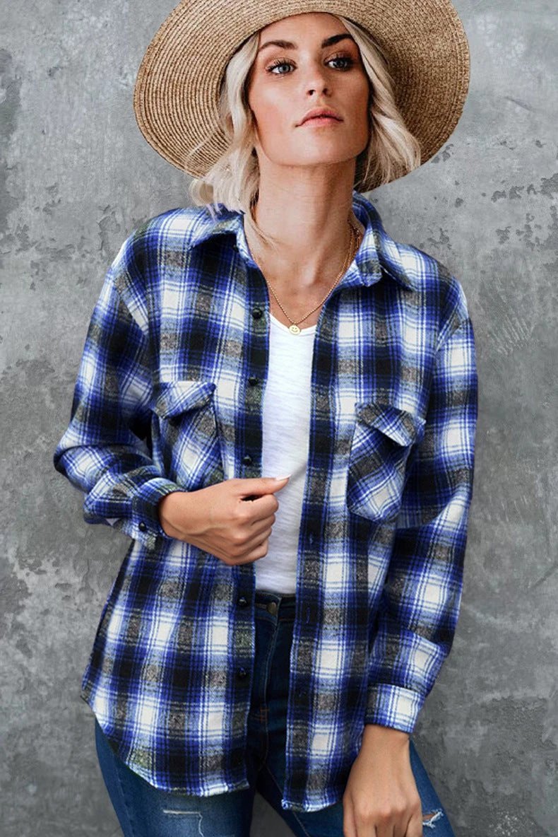 Ancient Energy women's plaid spring shirt with turndown collar, mid-length loose blouse, perfect for casual spring wear.