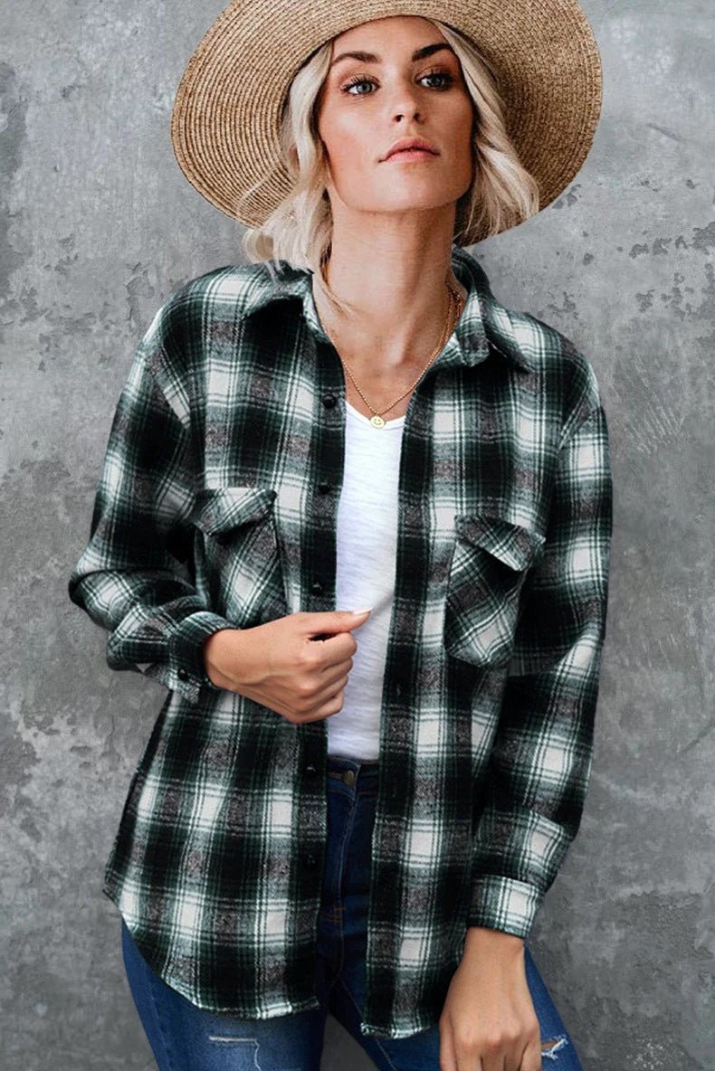 Ancient Energy women's plaid spring shirt with turndown collar, mid-length loose blouse, casual and stylish for everyday wear.