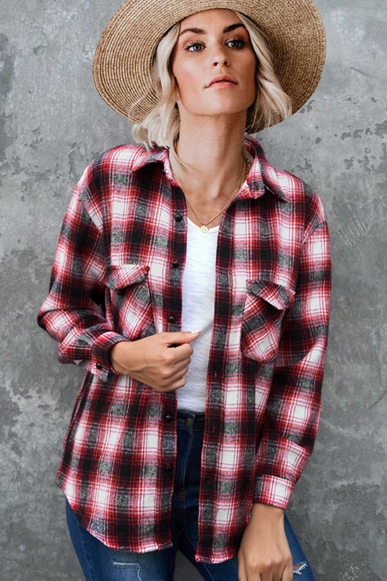 Ancient Energy women's plaid spring shirt with turndown collar, mid-length loose blouse, suitable for casual spring wear.