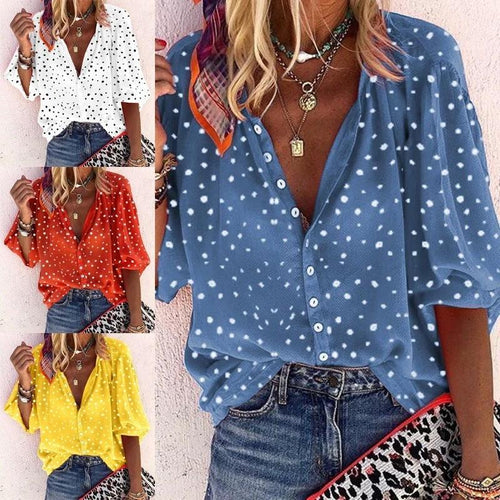 Printed long sleeve V-neck button blouse for women by Ancient Energy, featuring a stylish and comfortable design.