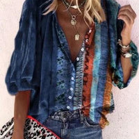 Printed long sleeve V-neck button blouse for women by Ancient Energy, featuring a stylish design and comfortable fit.