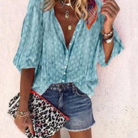 Printed long sleeve V-neck button blouse for women by Ancient Energy, featuring a stylish design and comfortable fit.