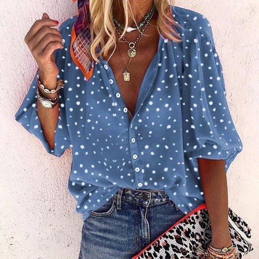Printed long sleeve V-neck button blouse for women by Ancient Energy, featuring a stylish design and comfortable fit.