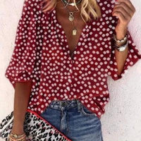 Printed long sleeve V-neck button blouse for women by Ancient Energy, featuring a stylish design and comfortable fit.
