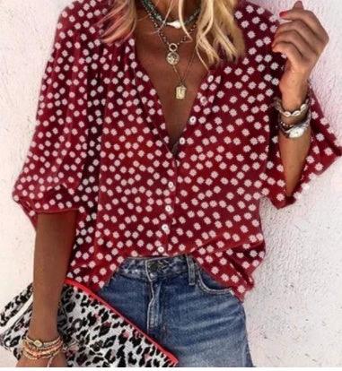 Printed long sleeve V-neck button blouse for women by Ancient Energy, featuring a stylish design and comfortable fit.
