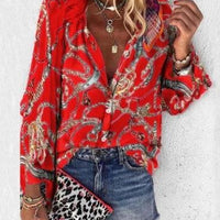 Printed long sleeve V-neck button blouse for women by Ancient Energy, featuring a stylish design and comfortable fit.
