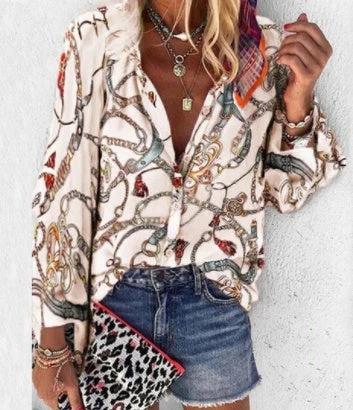 Printed long sleeve V-neck button blouse for women by Ancient Energy, featuring a stylish design and comfortable fit.