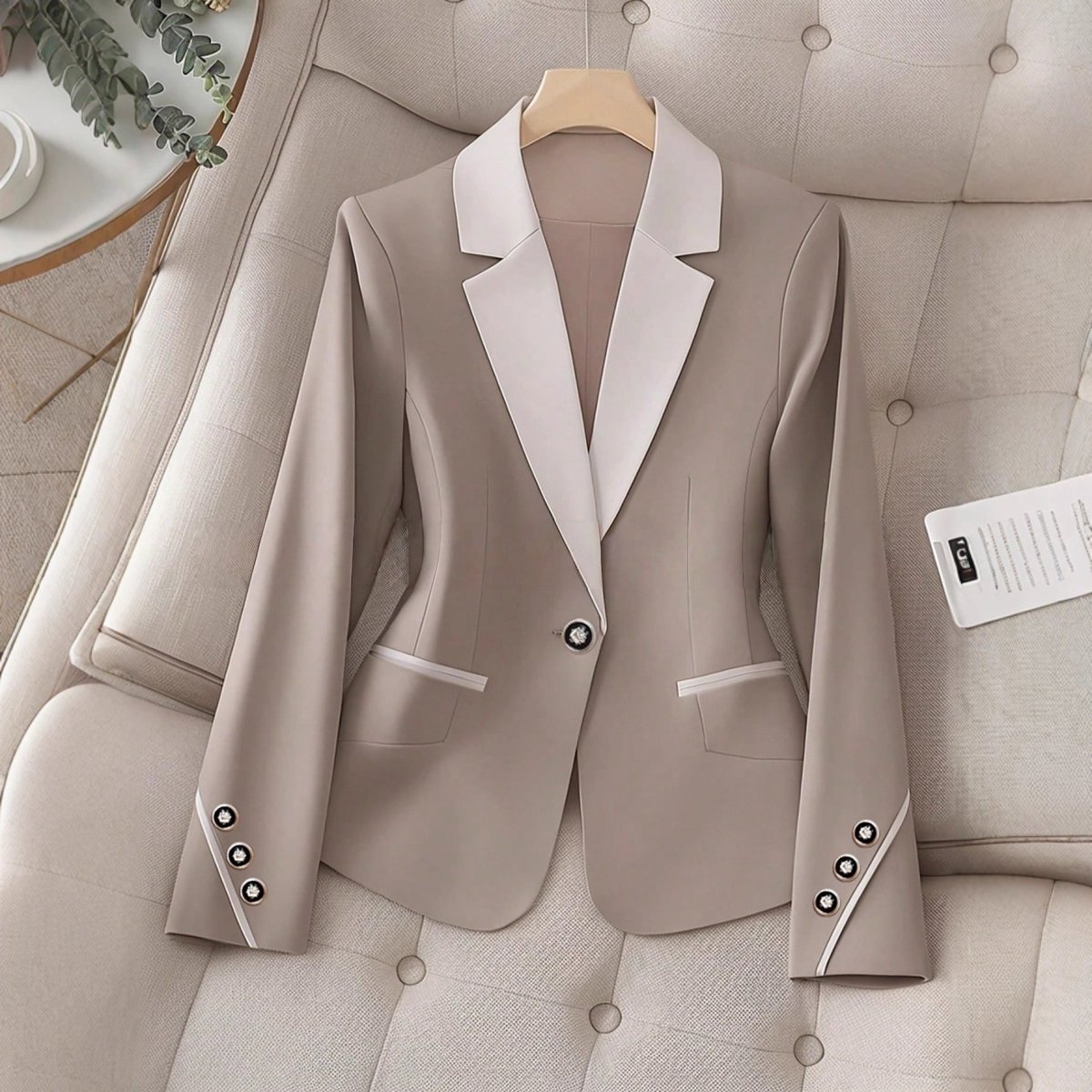 Elegant formal blazer by Ancient Energy with contrasting color buttons, tailored for a sophisticated professional look.
