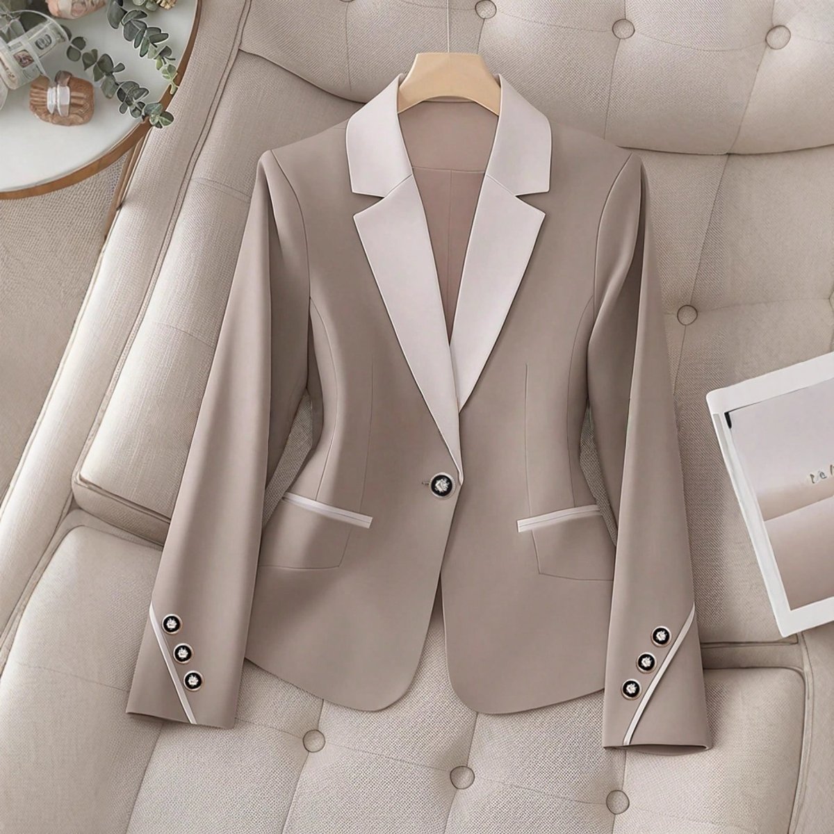 Elegant formal blazer by Ancient Energy featuring contrasting color buttons and a tailored fit for professional or dressy occasions.