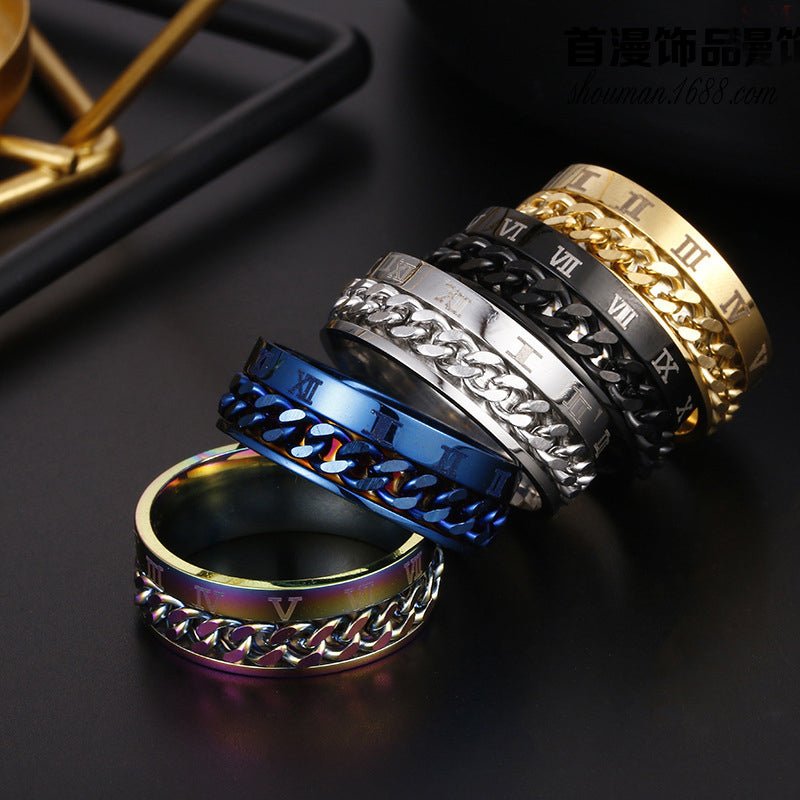 Ancient Energy Roman letter rotatable chain titanium steel ring for men, featuring multifunctional bottle opener, spinner design, and punk style.
