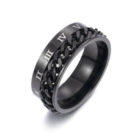 Ancient Energy men's titanium steel Roman letter rotatable chain ring with bottle opener and spinner features, stylish punk jewelry.