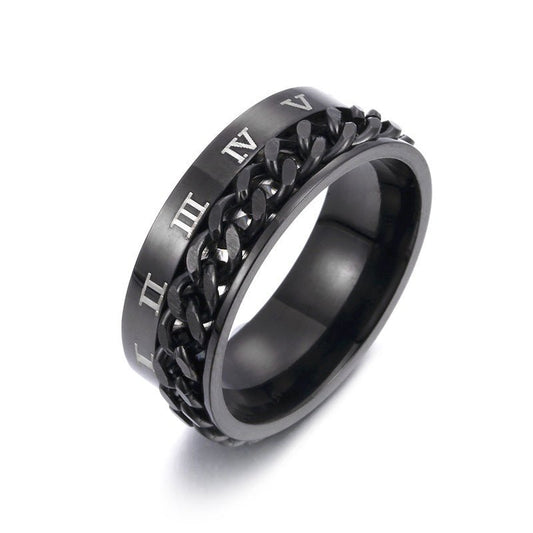Ancient Energy men's titanium steel Roman letter rotatable chain ring with bottle opener and spinner features, stylish punk jewelry.