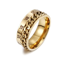 Ancient Energy men's titanium steel Roman letter rotatable chain ring with bottle opener, spinner design, and punk jewelry style.