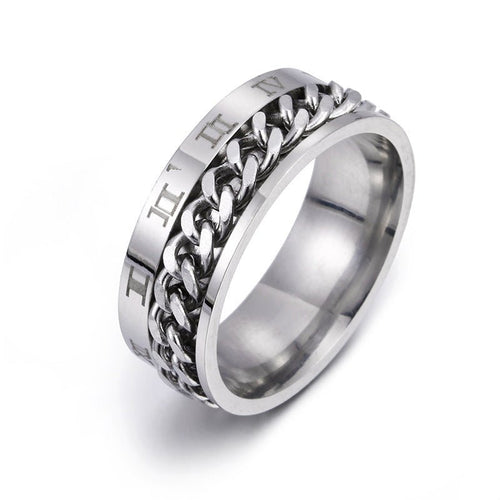 Roman letter rotatable chain titanium steel ring for men, multifunctional bottle opener, spinner jewelry, punk style gift.