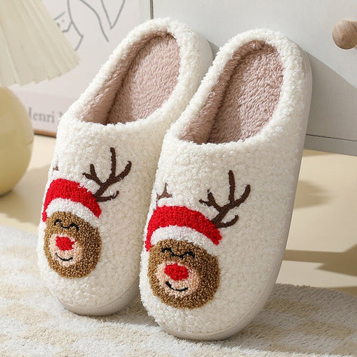Ancient Energy Santa Claus cartoon cotton slippers with furry lining, warm winter shoes for couples, cozy and festive footwear