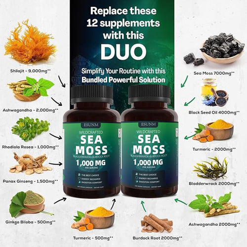 Ancient Energy Seaweed Compound Vitamin Capsules in a clear bottle, showcasing small green capsules for dietary supplement use.