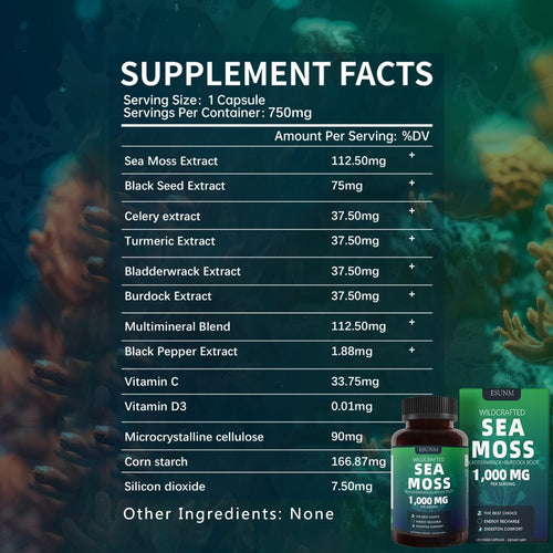 Ancient Energy Seaweed Compound Vitamin Capsules in a white bottle, showing the capsules inside.
