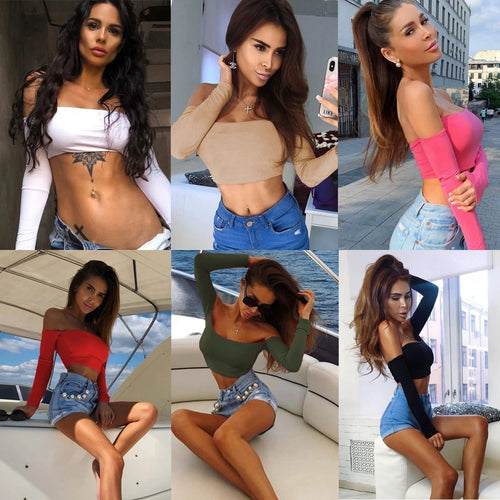 Ancient Energy women's long sleeve off-shoulder crop top with sexy navel cutout, stylish blouse for casual or night-out wear.