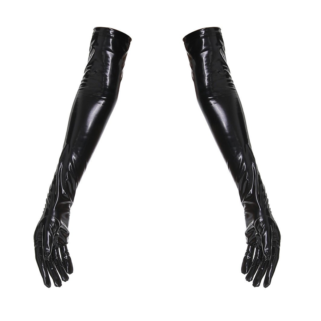 Shiny patent leather mirror one-piece leather coat for women by Ancient Energy, featuring a sleek, glossy finish and stylish design.