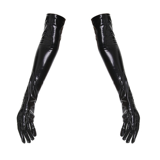 Shiny patent leather mirror one-piece leather coat for women by Ancient Energy, featuring a sleek, glossy finish and stylish design.
