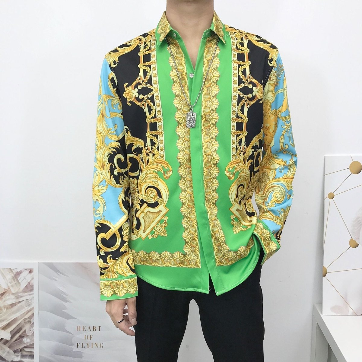 Thin unisex shirt by Ancient Energy featuring a colorful Palace Yan pattern, suitable for men and women.
