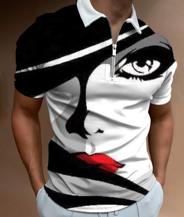 Ancient Energy men's face art print short sleeve T-shirt, streetwear style with bold graphic design on white fabric.