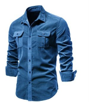 Blue long-sleeve men's shirt from Ancient Energy with college-style design, casual wear top for men.