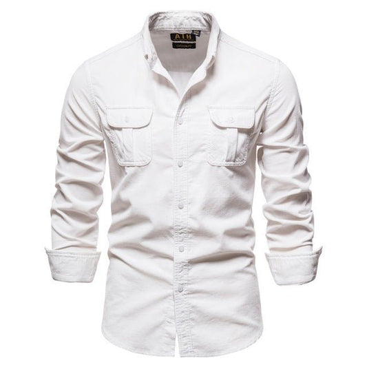 Blue men's long-sleeve college shirt by Ancient Energy, casual style with a comfortable fit and classic design.