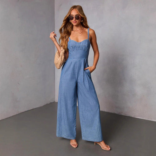 Ancient Energy women's solid-color casual workwear jumpsuit, featuring a relaxed fit and versatile style for everyday wear.