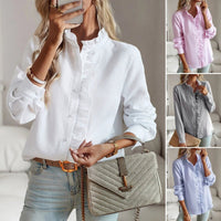 Ancient Energy striped long sleeve women's blouse with ruffle design, button-up, casual and office-appropriate for elegant commuting style.