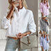 Ancient Energy striped long sleeve women's blouse with ruffle design, button-up, casual and office-appropriate for elegant commuting style.