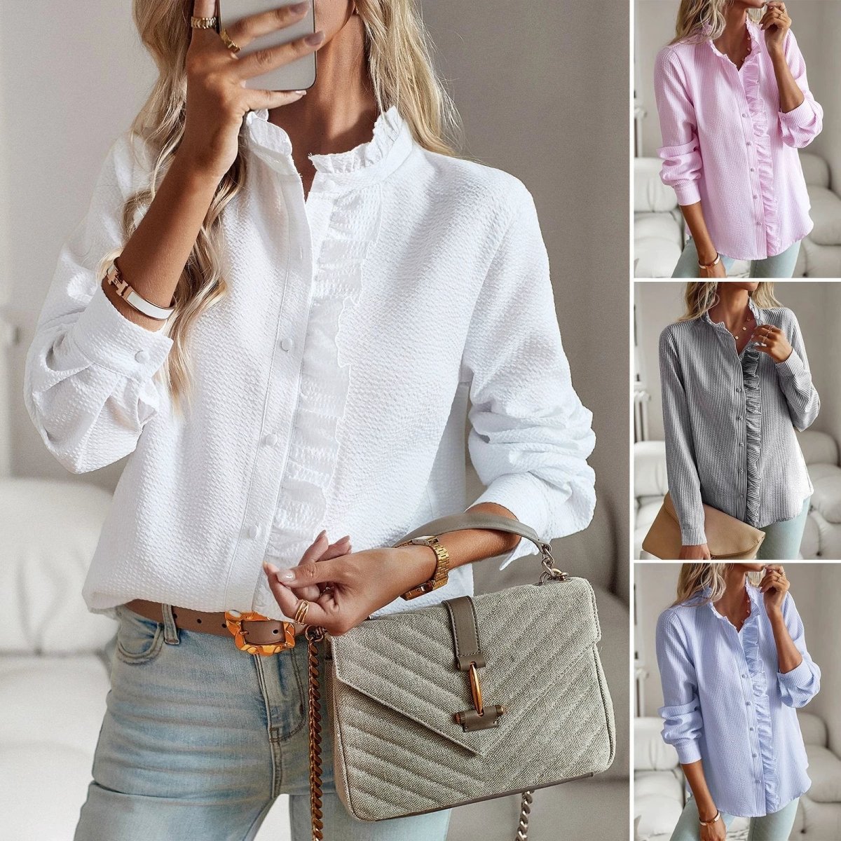 Ancient Energy striped long sleeve women's blouse with ruffle design, button-up, casual and office-appropriate for elegant commuting style.